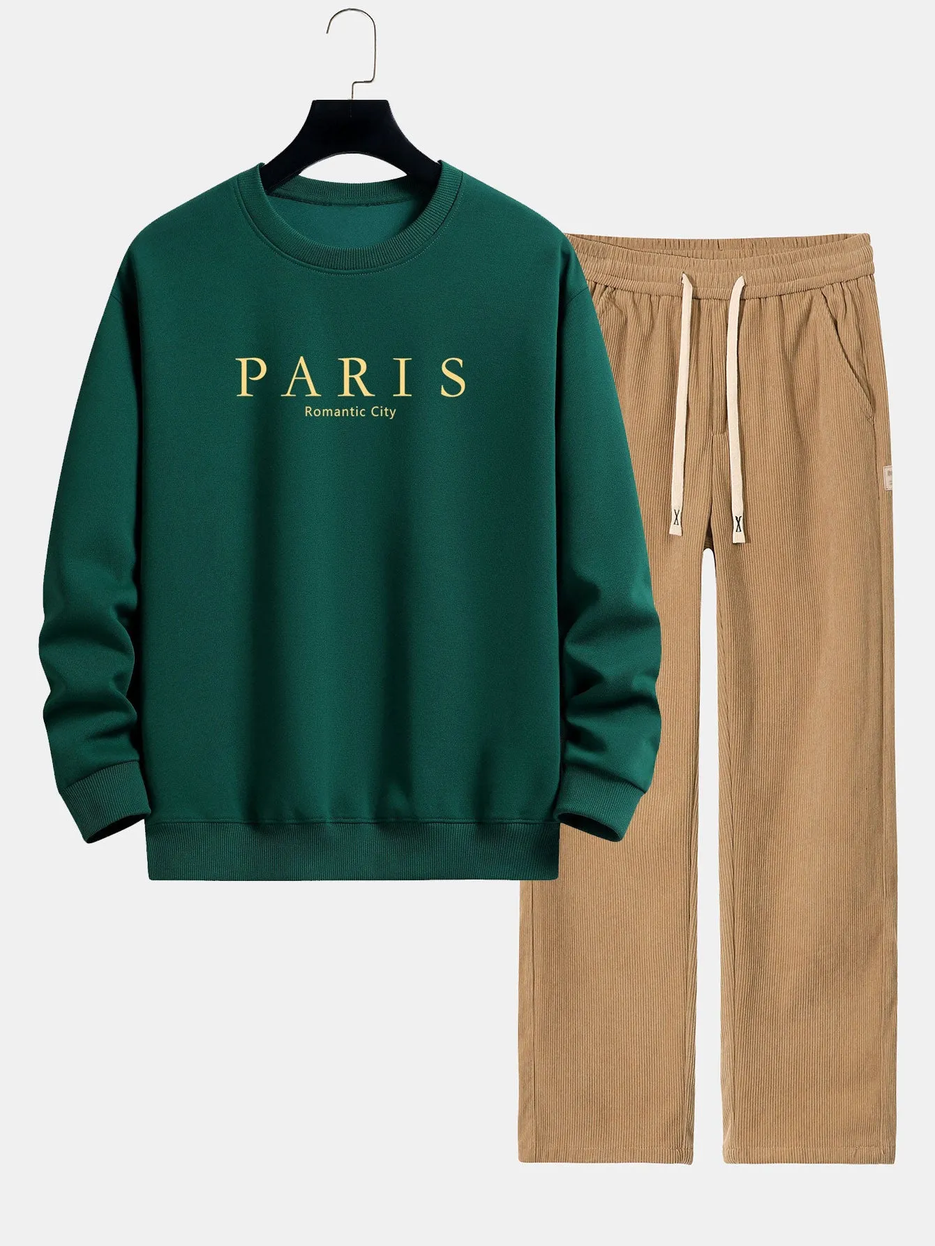 Paris Slogan Print Relax Fit Sweatshirt & Straight Leg Corduroy Pants sold by Hoooyi product image thumbnail 2