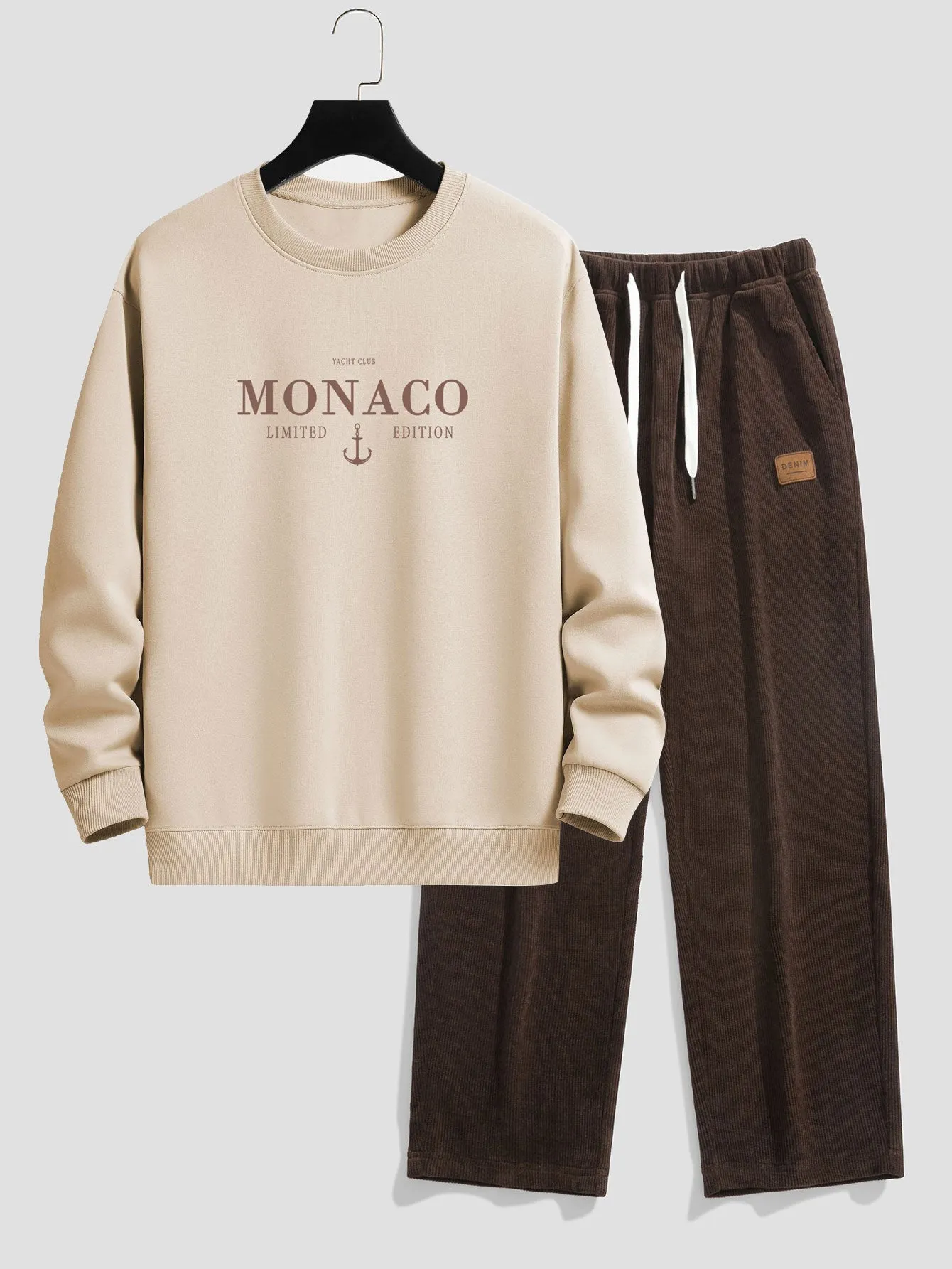 Monaco Slogan Print Relax Fit Sweatshirt & Straight Leg Corduroy Pants sold by Hoooyi