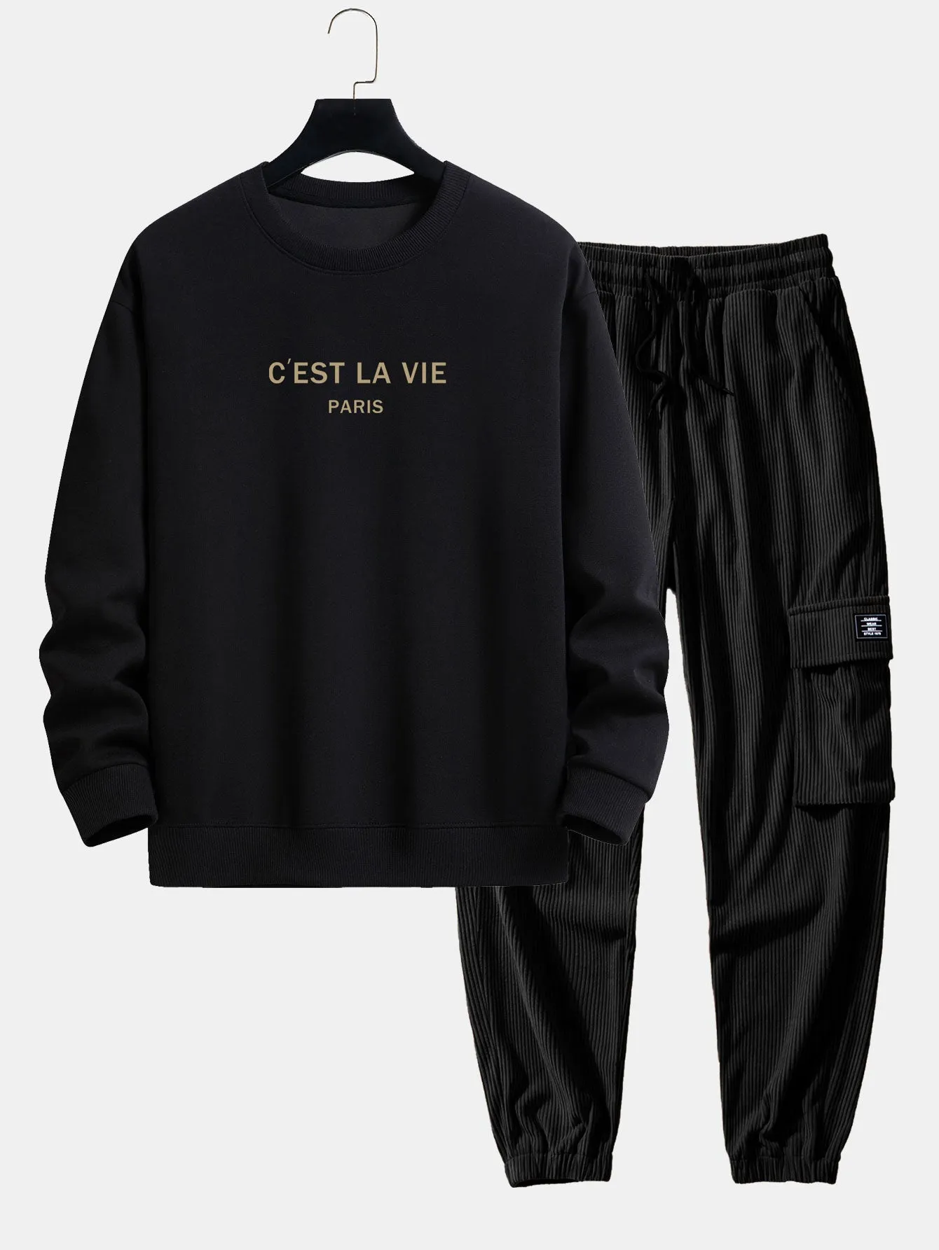 Paris Print Relax Fit Sweatshirt & Drawstring Corduroy Cargo Jogger Pants sold by Hoooyi product image thumbnail 3