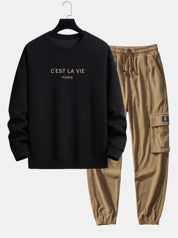 Paris Print Relax Fit Sweatshirt & Drawstring Corduroy Cargo Jogger Pants made by Hoooyi