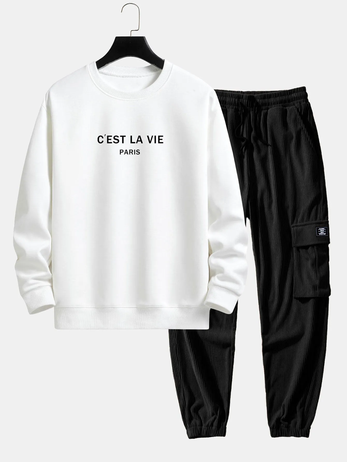 Paris Print Relax Fit Sweatshirt & Drawstring Corduroy Cargo Jogger Pants sold by Hoooyi product image thumbnail 2