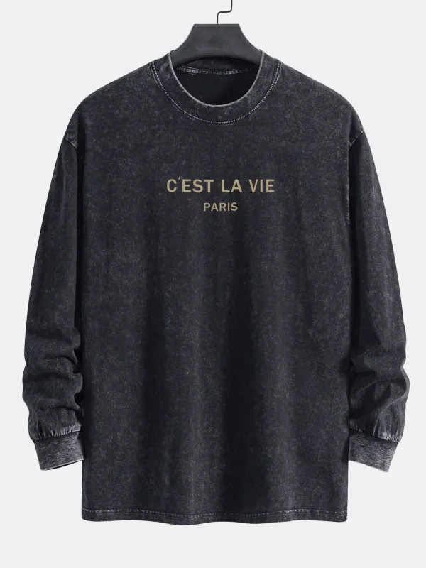 Paris Slogan Print Relax Fit Long Sleeve Washed Distressed T-Shirt sold by Hoooyi