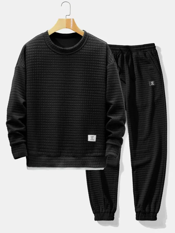 Relax Fit 2 In 1 Waffle Crew Neck Sweatshirt & Drawstring Waffle Jogger Pants sold by Hoooyi