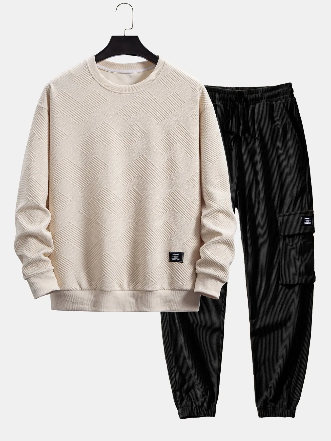 Relax Fit Geometric Striped Sweatshirt & Drawstring Corduroy Cargo Jogger Pants sold by Hoooyi product image thumbnail 3