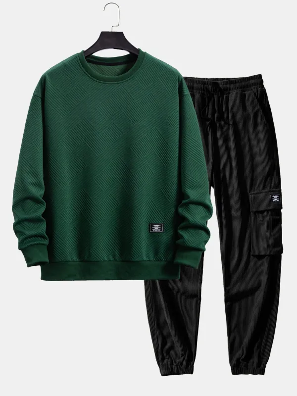 Relax Fit Geometric Striped Sweatshirt & Drawstring Corduroy Cargo Jogger Pants sold by Hoooyi