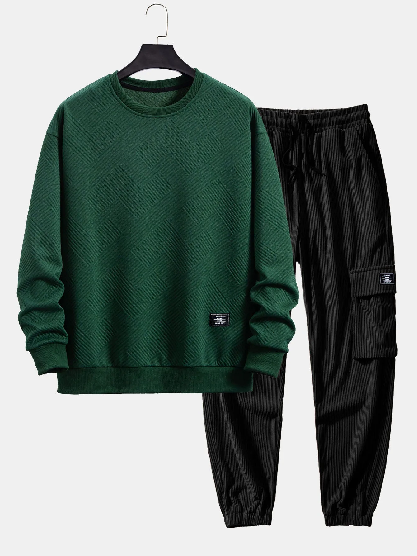 Relax Fit Geometric Striped Sweatshirt & Drawstring Corduroy Cargo Jogger Pants sold by Hoooyi