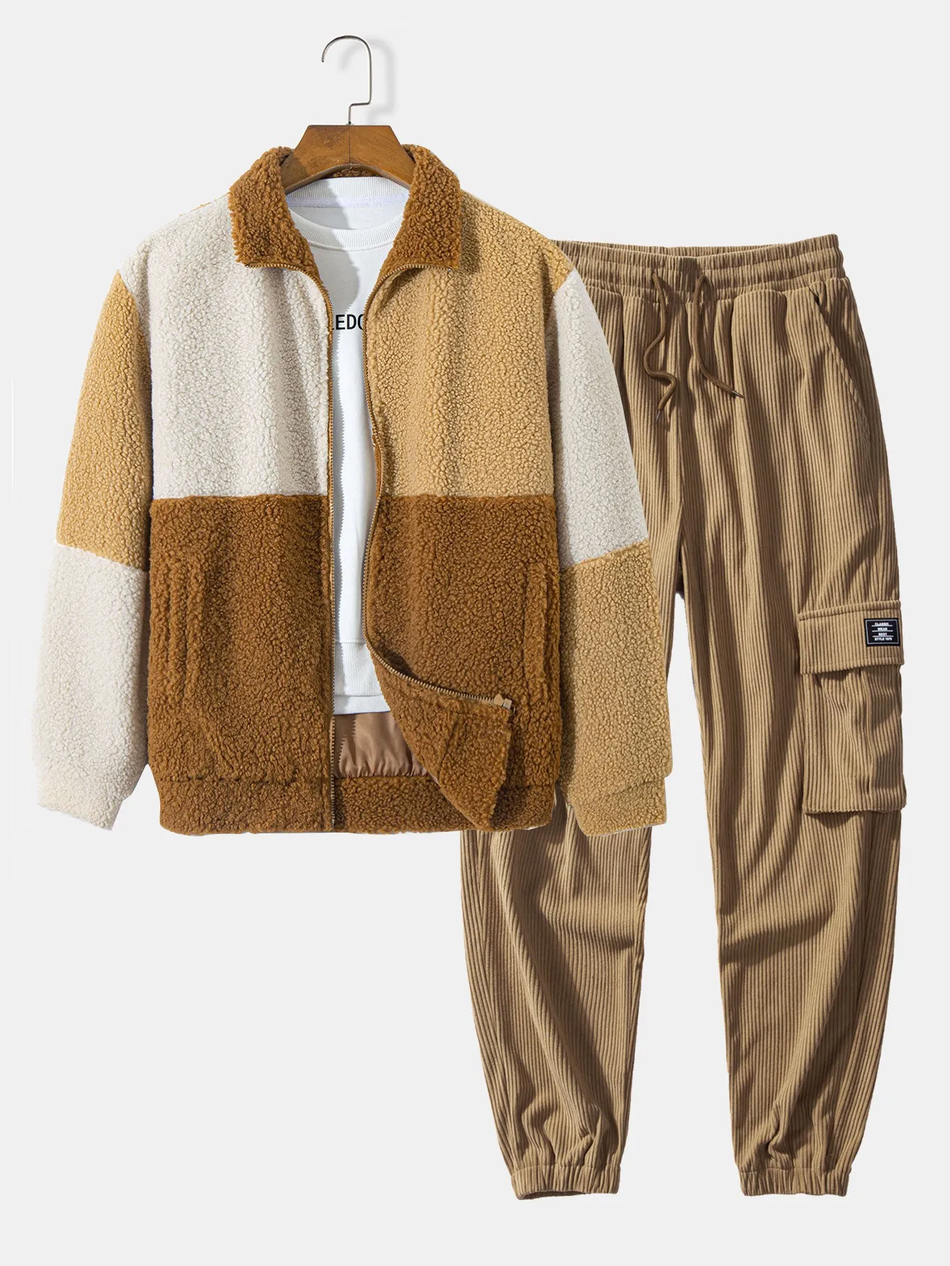 Color Block Teddy Fleece Coat & Drawstring Corduroy Cargo Jogger Pants sold by Hoooyi product image thumbnail 2