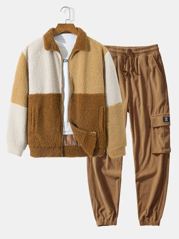 Color Block Teddy Fleece Coat & Drawstring Corduroy Cargo Jogger Pants sold by Hoooyi