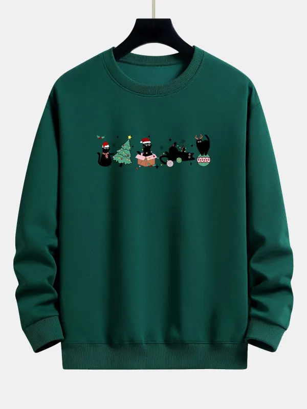 Christmas Black Cat Print Relax Fit Sweatshirt sold by Hoooyi