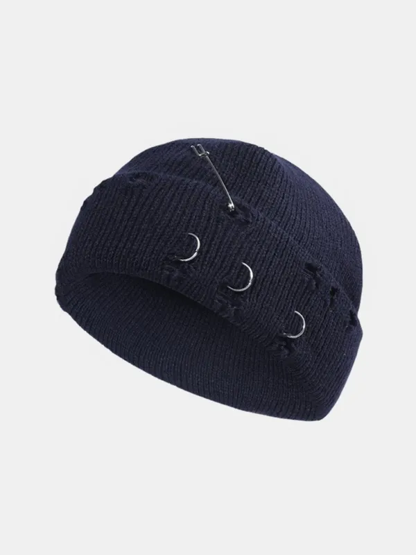 Street Hip-hop With Perforated Iron Ring Pin Knit Hat sold by Hoooyi