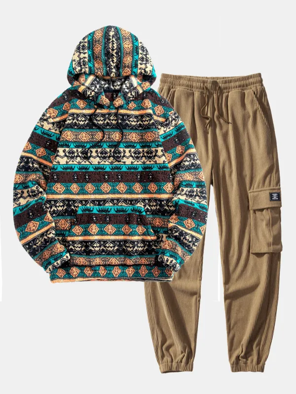 Ethnic Geometric Teddy Fleece Hoodie & Drawstring Corduroy Cargo Jogger Pants sold by Hoooyi