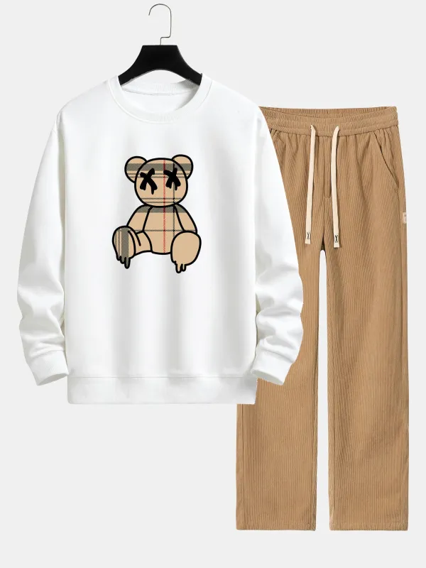 Plaid Pattern Dissolving Bear Print Relax Fit Sweatshirt & Straight Leg Corduroy Pants sold by Hoooyi