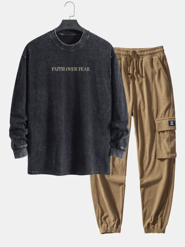 Faith Over Fear Print Relax Fit Washed Distressed T-Shirt & Drawstring Corduroy Cargo Jogger Pants sold by Hoooyi