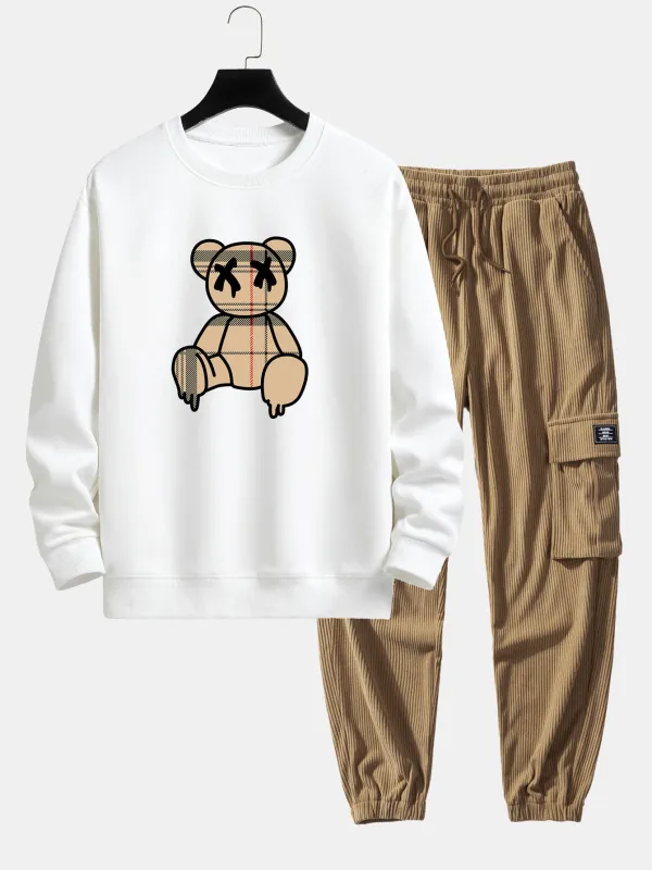 Plaid Pattern Dissolving Bear Print Relax Fit Sweatshirt & Drawstring Corduroy Cargo Jogger Pants sold by Hoooyi