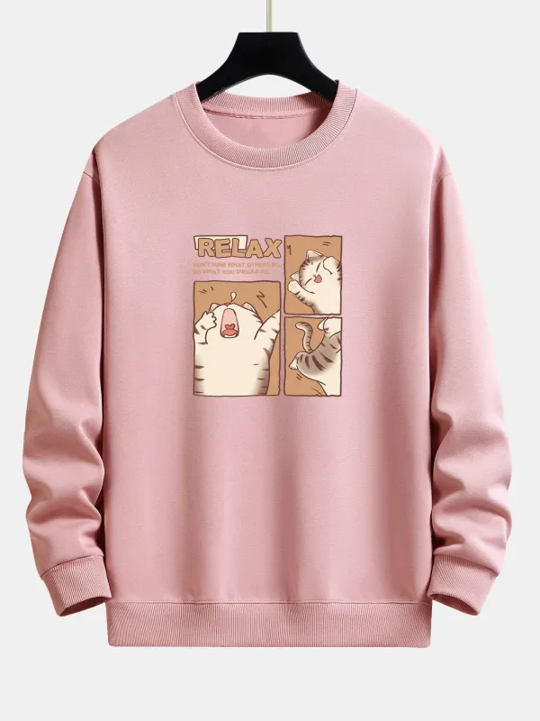 Carton Cat Print Relax Fit Sweatshirt sold by Hoooyi