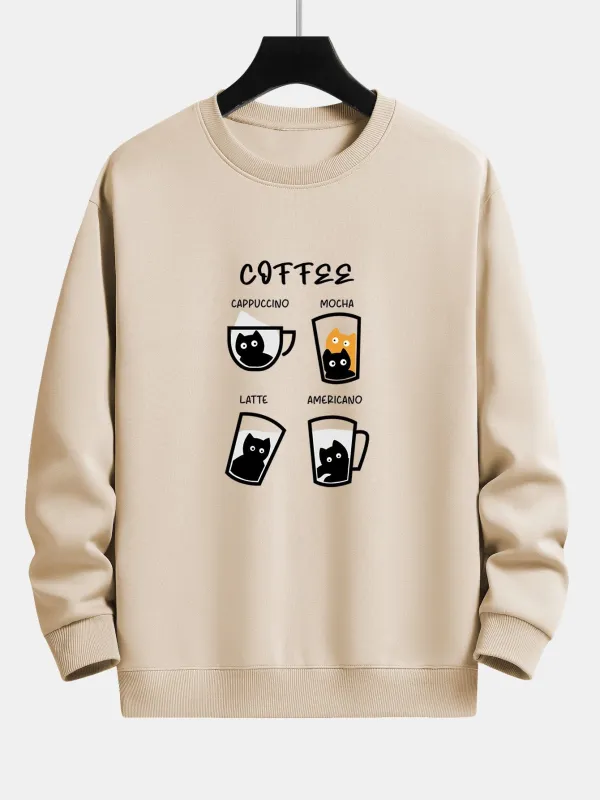 Coffee Cat Print Relax Fit Sweatshirt sold by Hoooyi