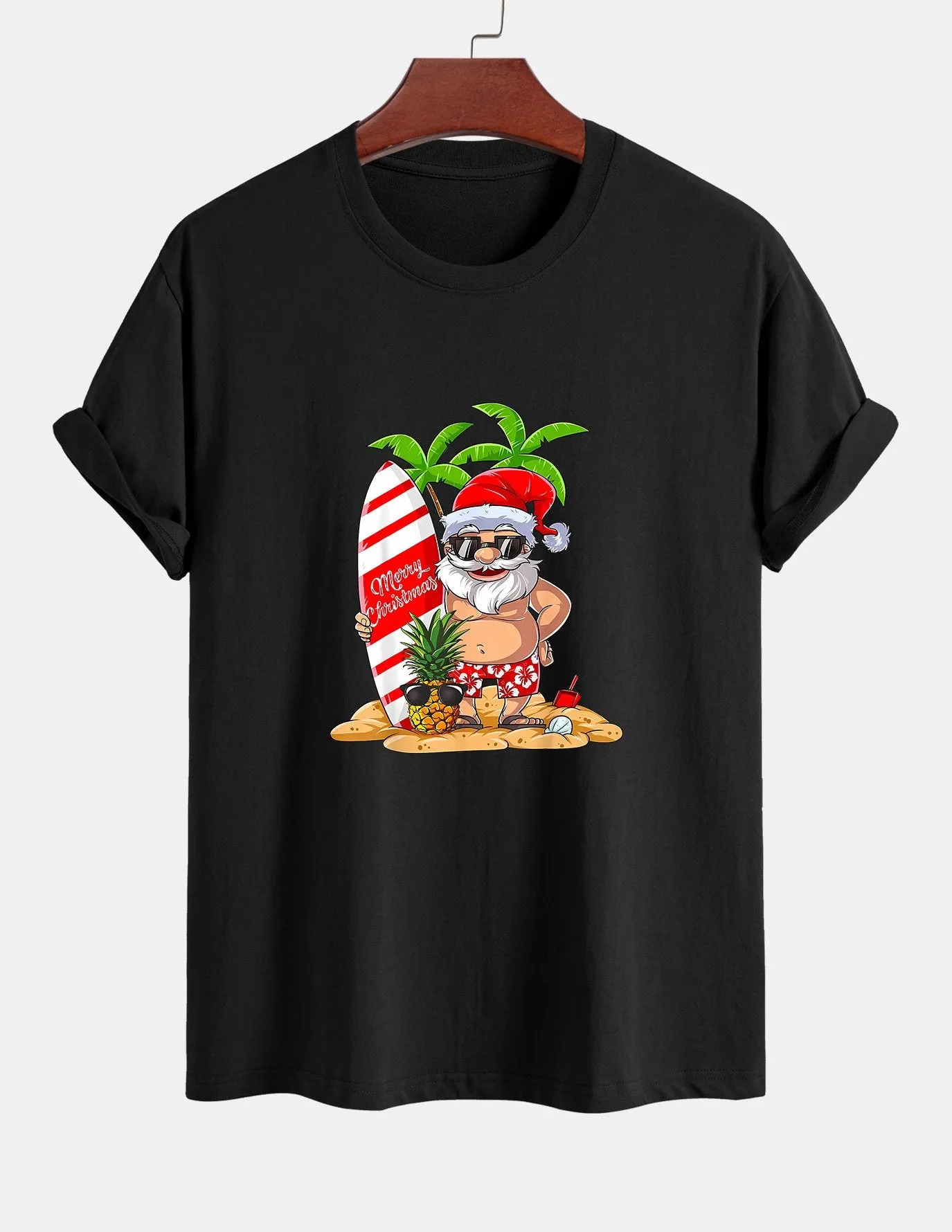 Regular Fit Summer Beach Santa Print Cotton T-Shirt sold by Hoooyi
