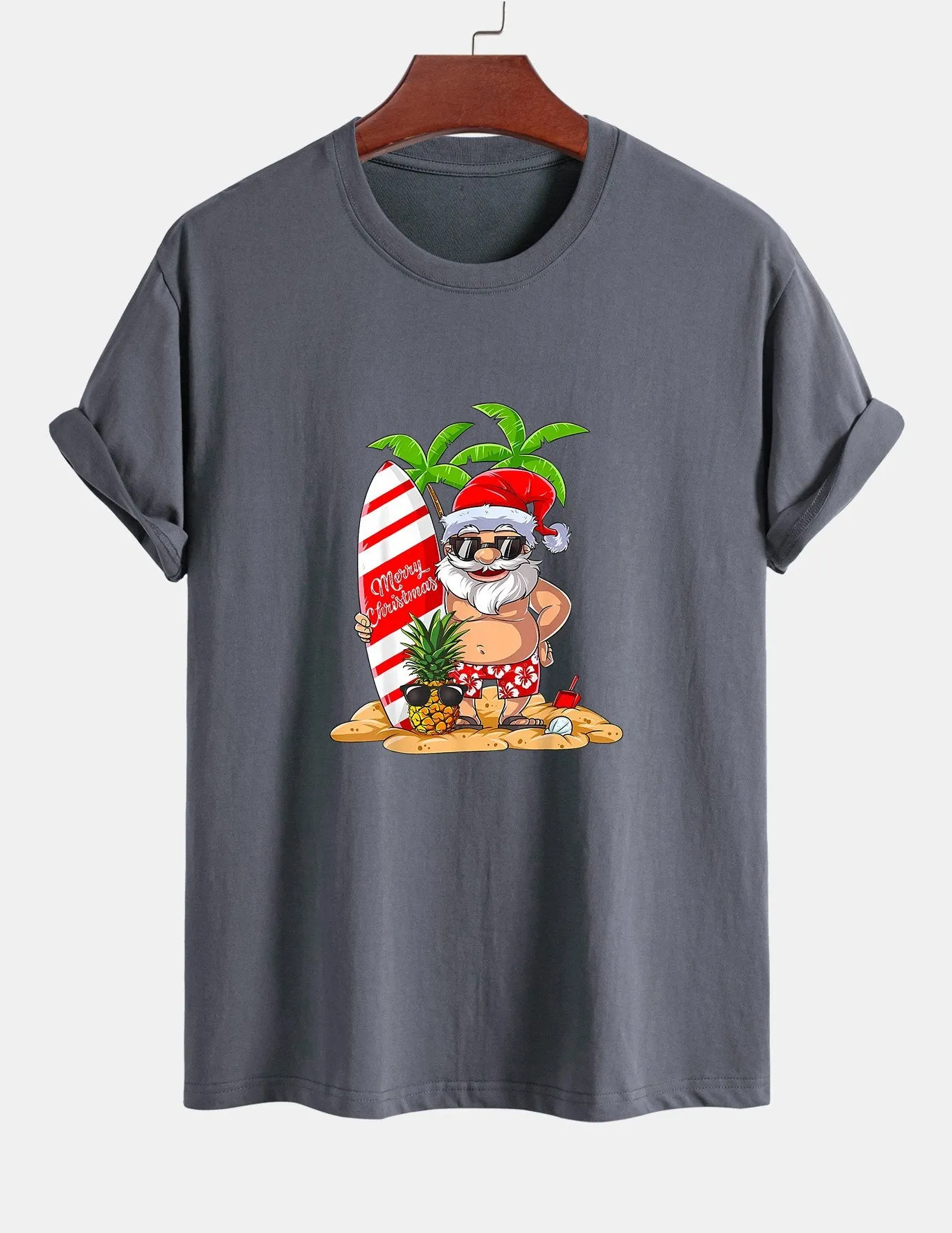 Regular Fit Summer Beach Santa Print Cotton T-Shirt sold by Hoooyi product image thumbnail 5