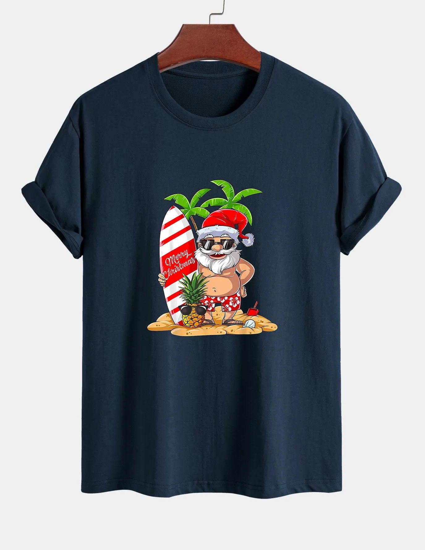 Regular Fit Summer Beach Santa Print Cotton T-Shirt sold by Hoooyi product image thumbnail 3