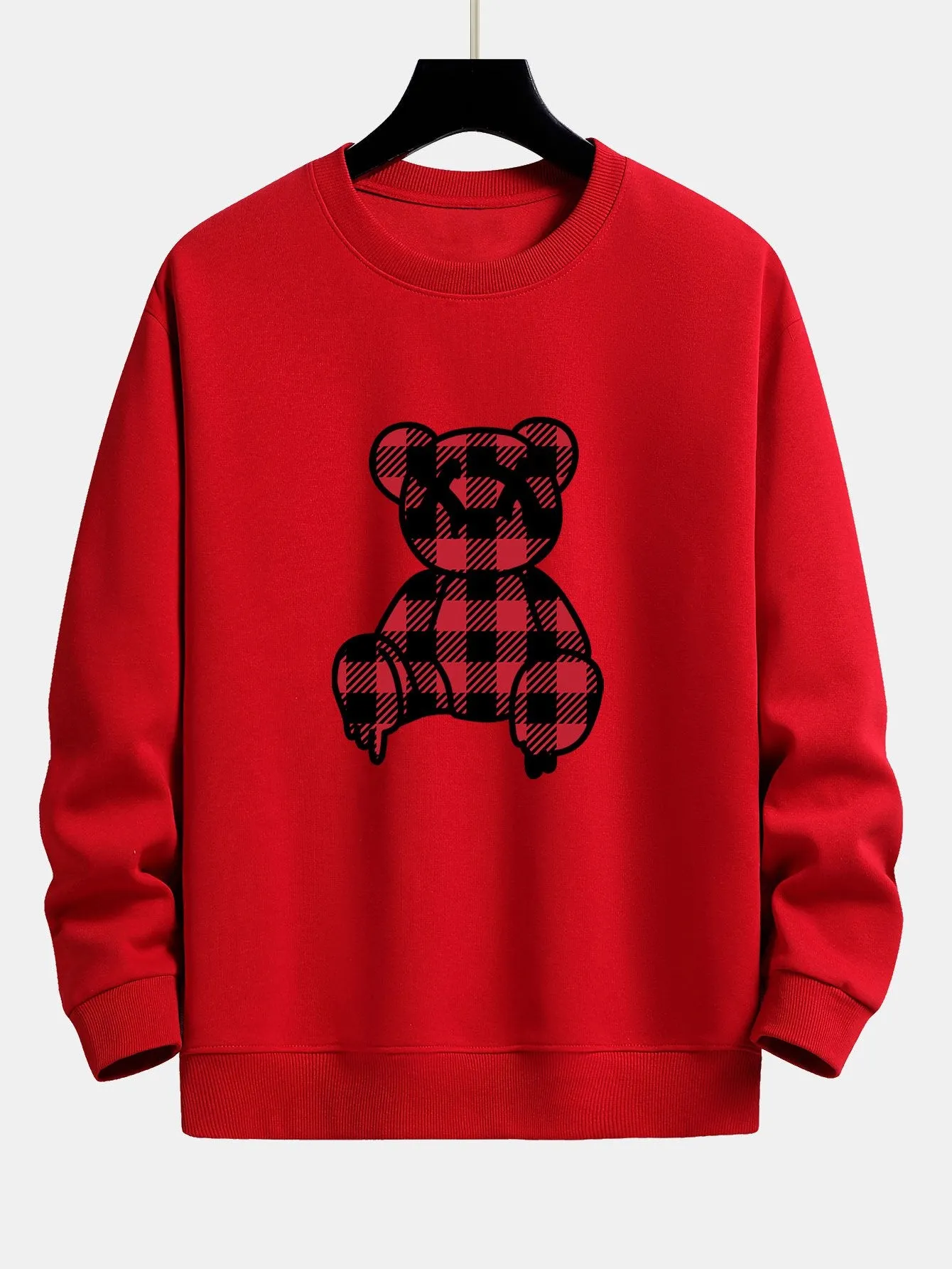 Red Checkered Bear Print Relax Fit Sweatshirt sold by Hoooyi product image thumbnail 4