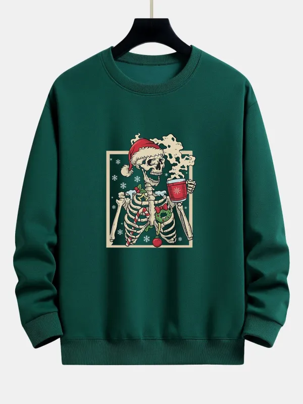 Christmas Skeleton Drinking Coffee Print Relax Fit Sweatshirt sold by Hoooyi