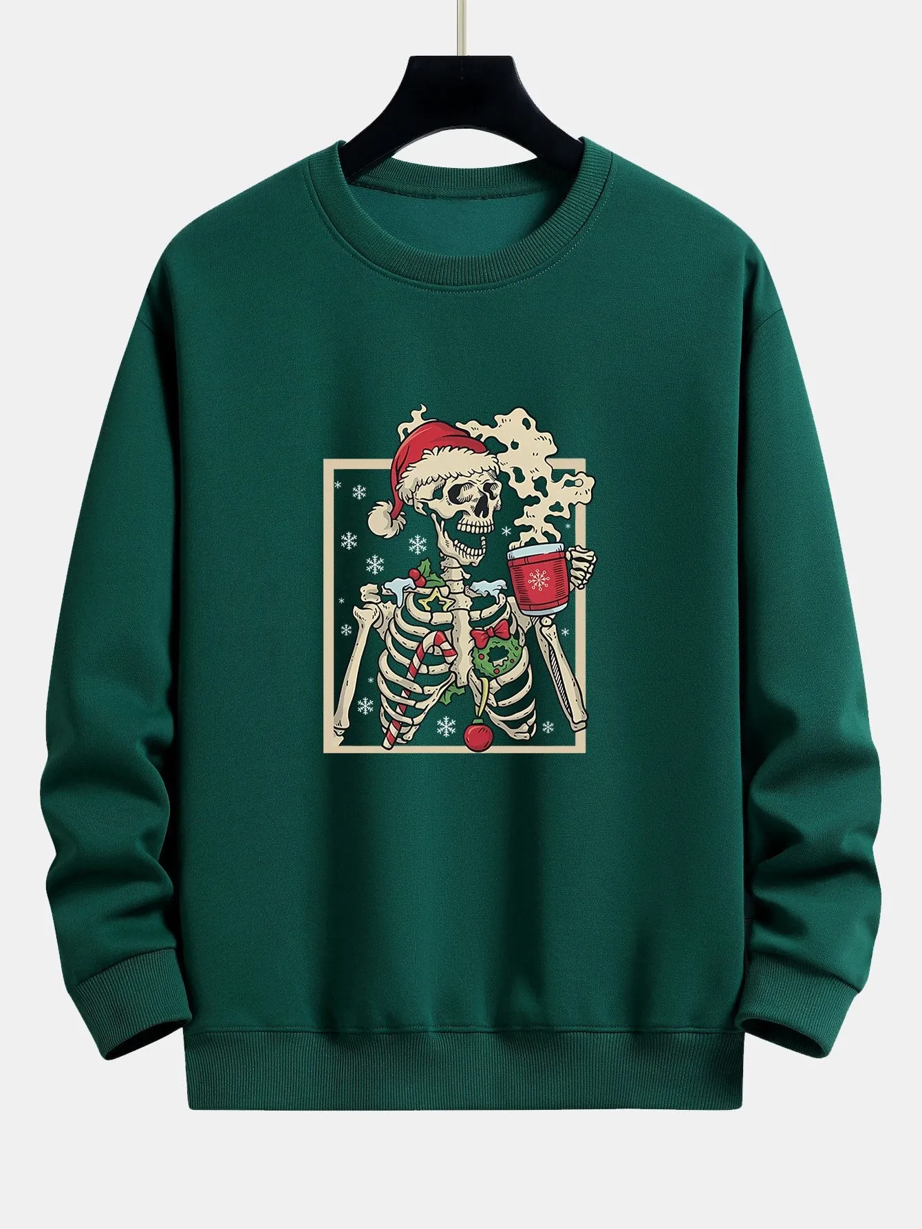 Christmas Skeleton Drinking Coffee Print Relax Fit Sweatshirt sold by Hoooyi