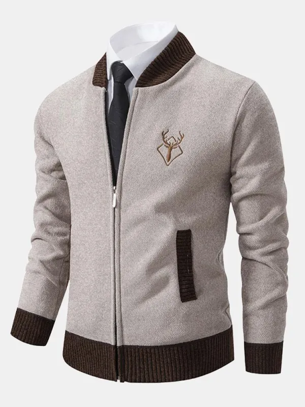 Elk Embroidered Contrast Baseball Collar Sweater sold by Hoooyi