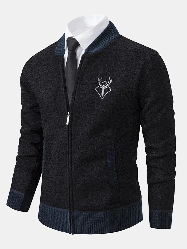 Elk Embroidered Contrast Baseball Collar Sweater sold by Hoooyi product image thumbnail 4