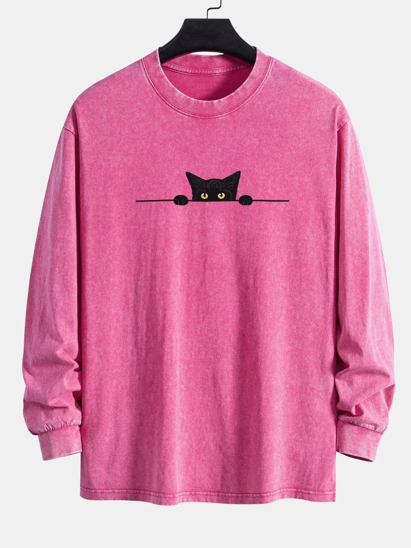 Black Cat Print Relax Fit Long Sleeve Washed Distressed T-Shirt sold by Hoooyi product image thumbnail 5