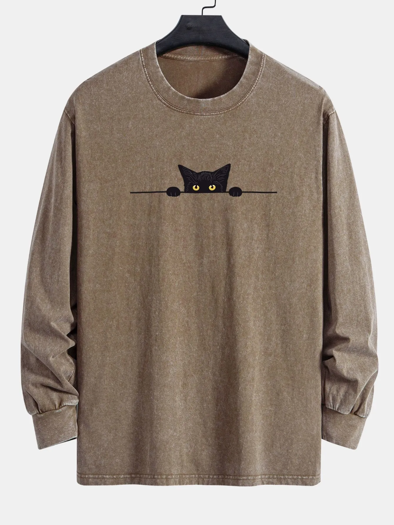 Black Cat Print Relax Fit Long Sleeve Washed Distressed T-Shirt sold by Hoooyi product image thumbnail 2