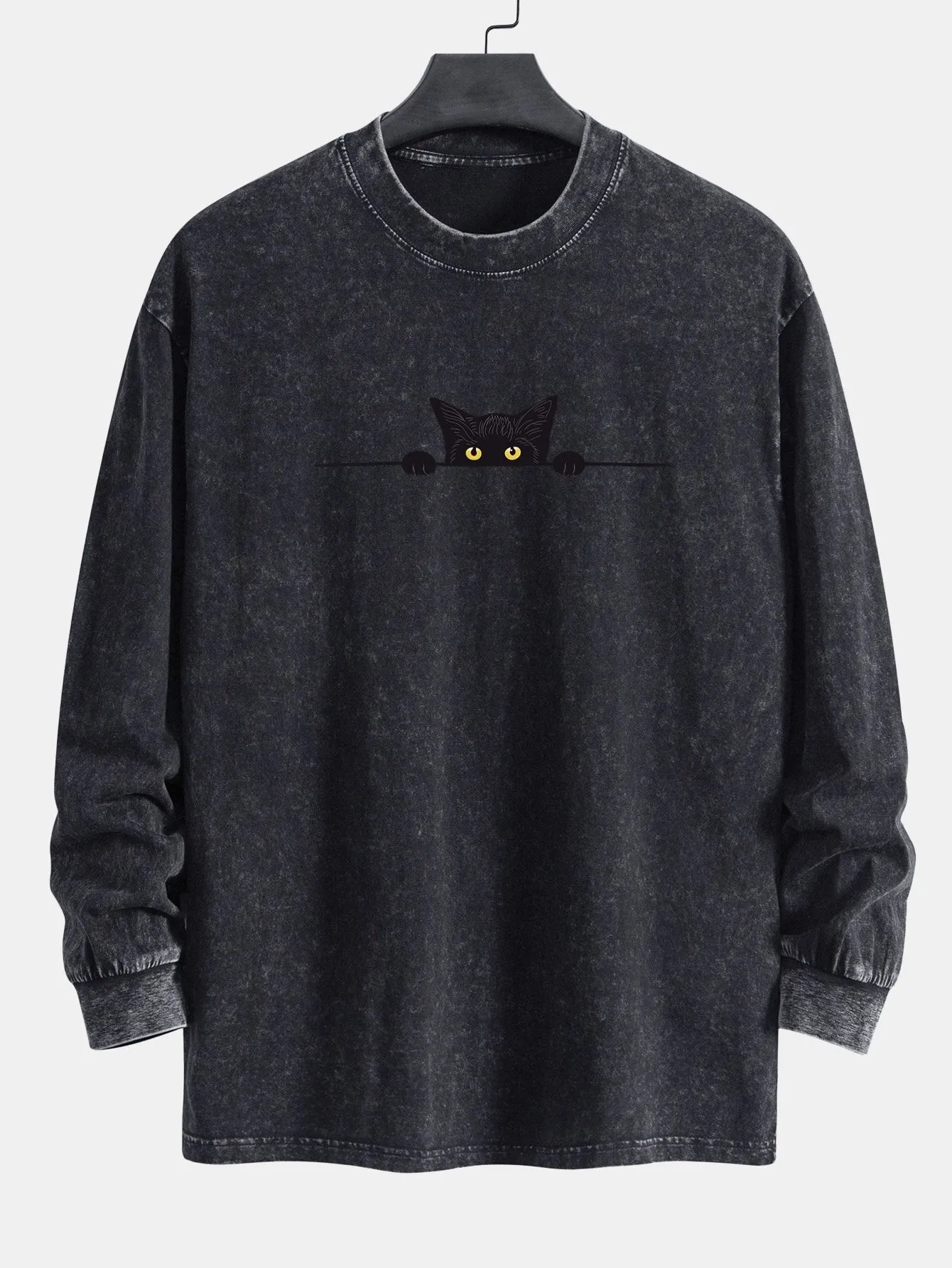 Black Cat Print Relax Fit Long Sleeve Washed Distressed T-Shirt sold by Hoooyi product image thumbnail 4