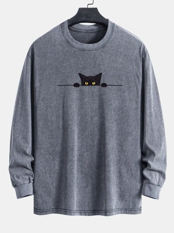 Black Cat Print Relax Fit Long Sleeve Washed Distressed T-Shirt sold by Hoooyi