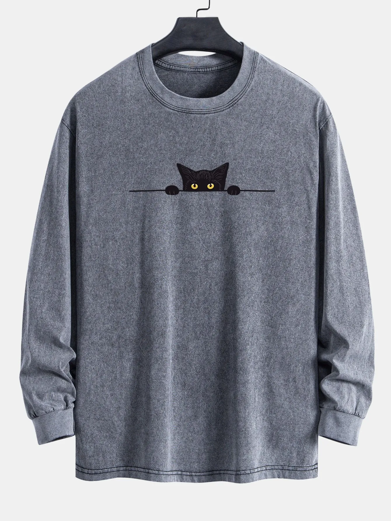 Black Cat Print Relax Fit Long Sleeve Washed Distressed T-Shirt sold by Hoooyi