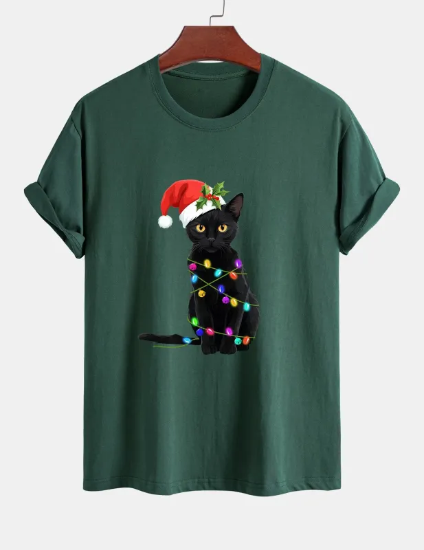 Regular Fit Christmas Lights Cat Print Cotton T-Shirt sold by Hoooyi