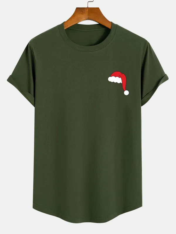 Santa Hat Print Cotton Arc Hem T-Shirt sold by Hoooyi