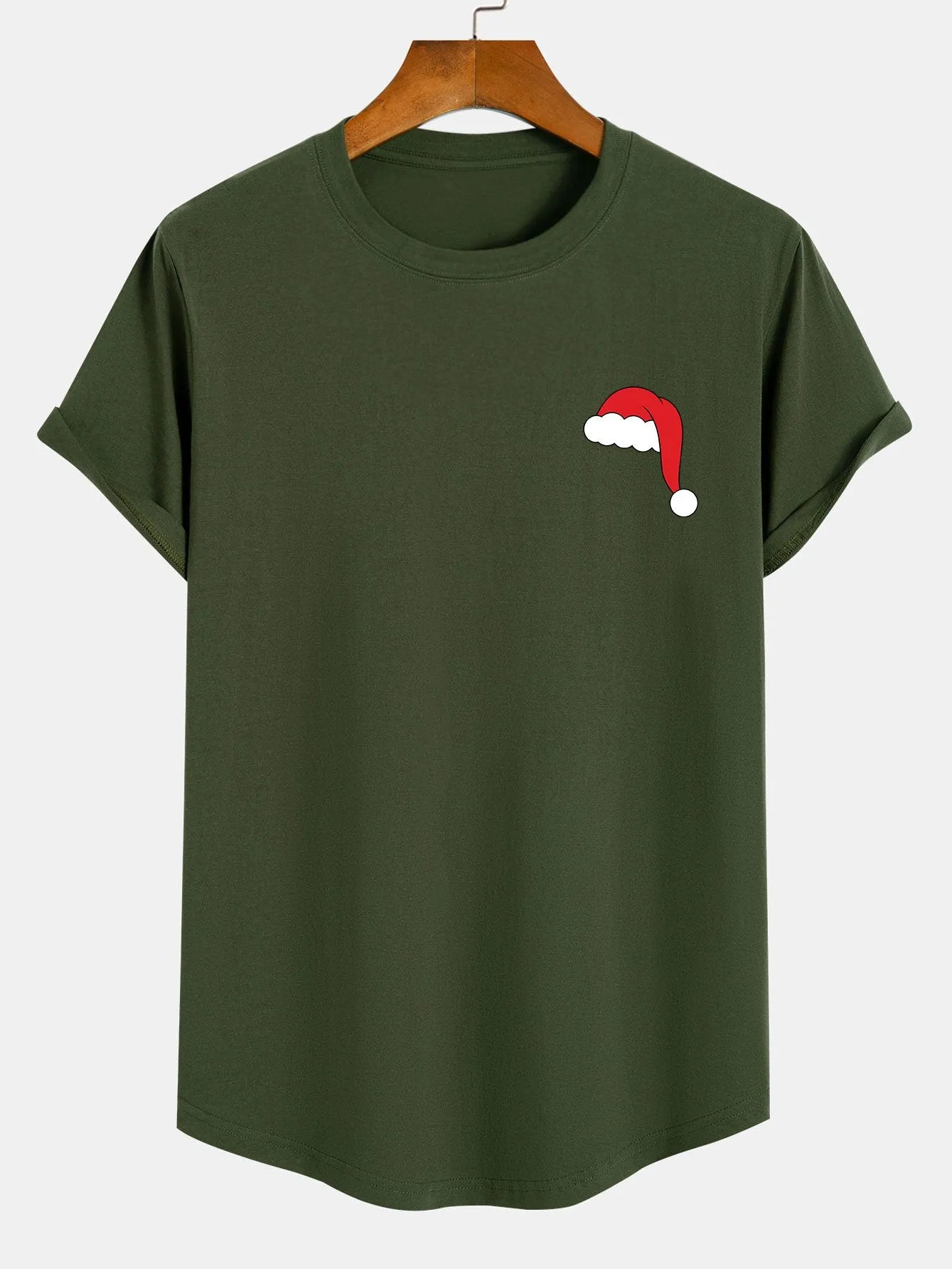 Santa Hat Print Cotton Arc Hem T-Shirt sold by Hoooyi