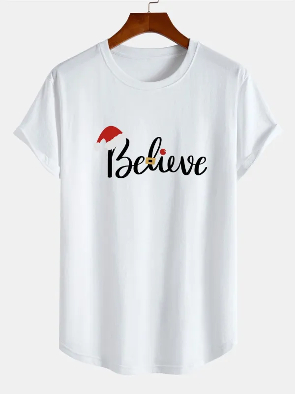 Christmas Believe Print Cotton Arc Hem T-Shirt sold by Hoooyi