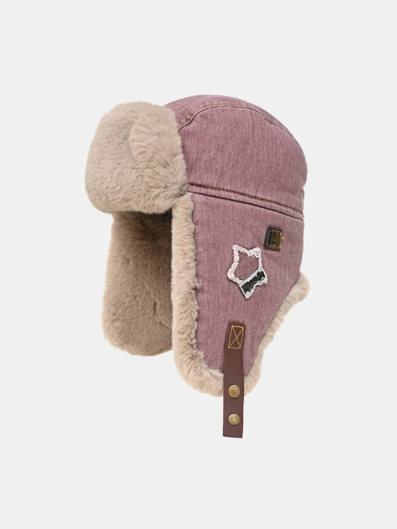Star Patch Denim Plush Trooper Trapper Hat sold by Hoooyi product image thumbnail 3