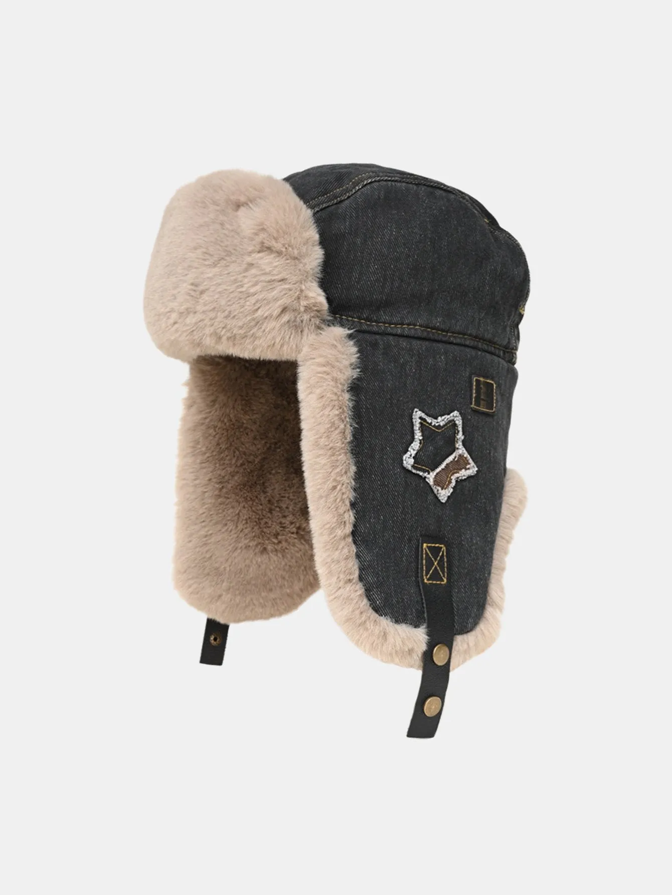 Star Patch Denim Plush Trooper Trapper Hat sold by Hoooyi product image thumbnail 2