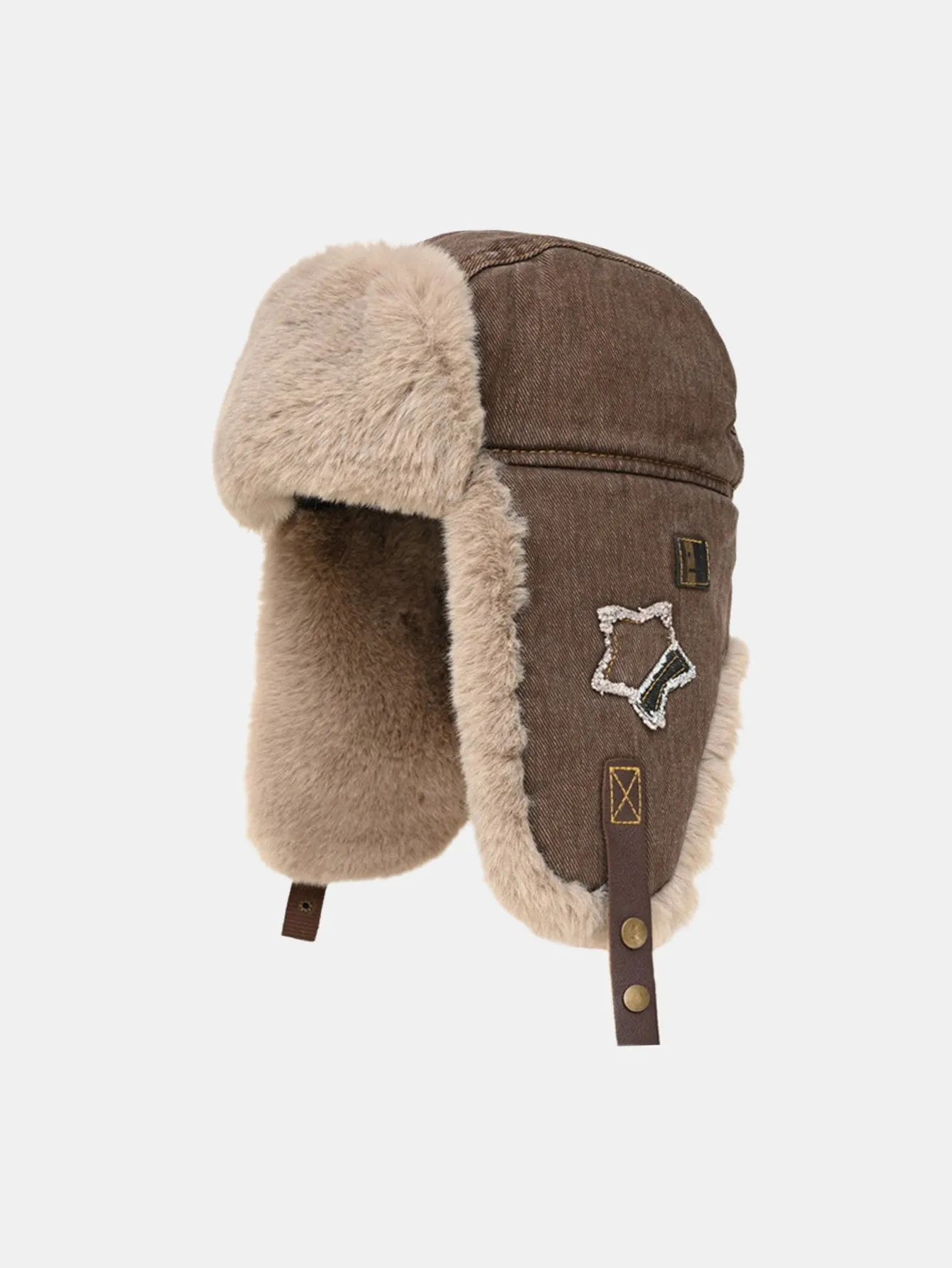 Star Patch Denim Plush Trooper Trapper Hat sold by Hoooyi