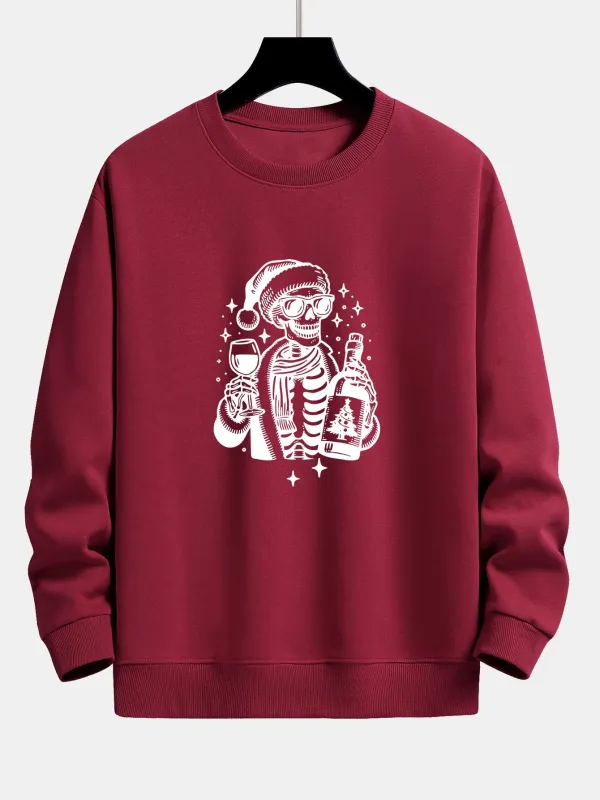 Christmas Wine Skeleton Print Relax Fit Sweatshirt sold by Hoooyi