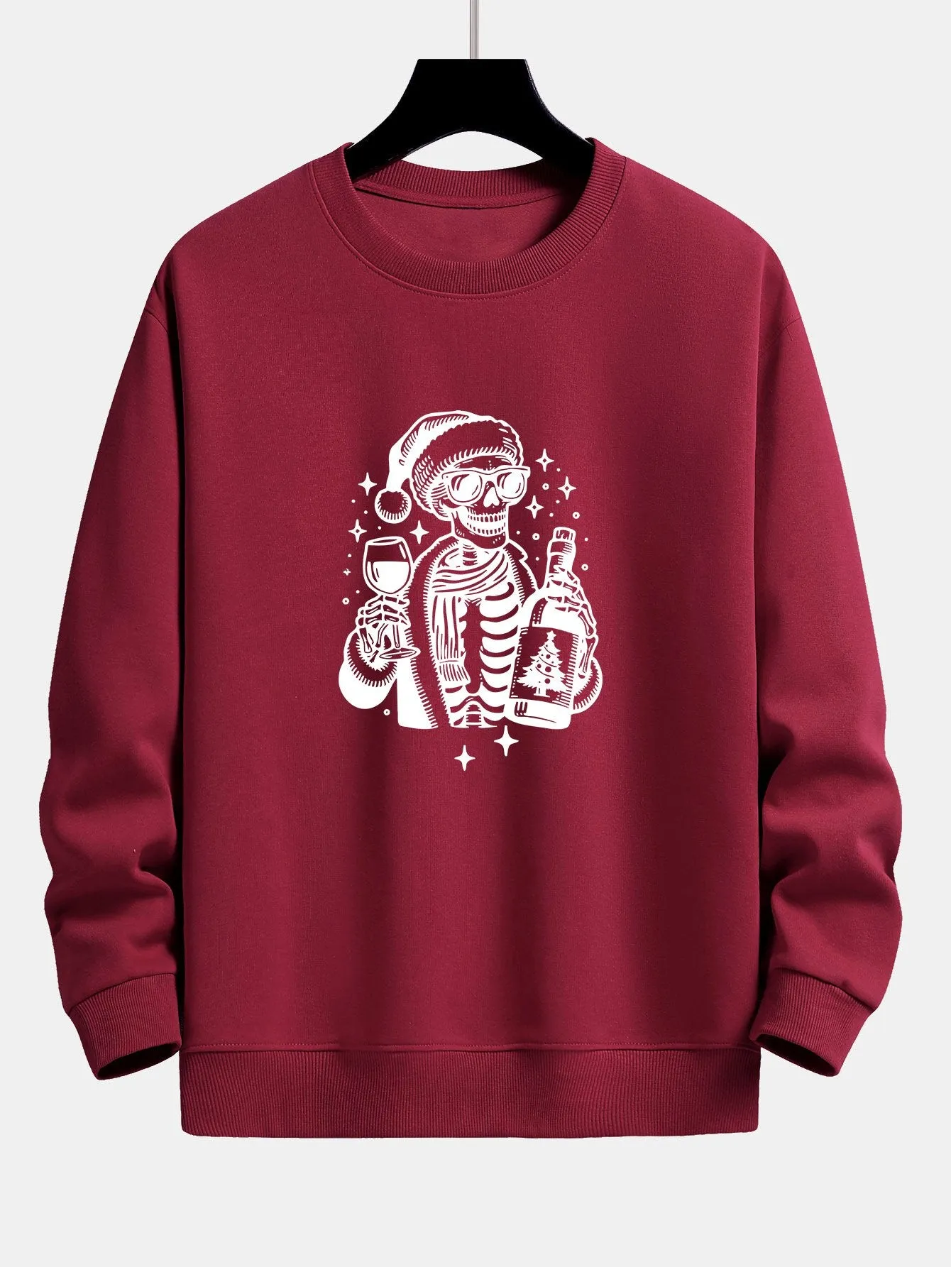 Christmas Wine Skeleton Print Relax Fit Sweatshirt sold by Hoooyi