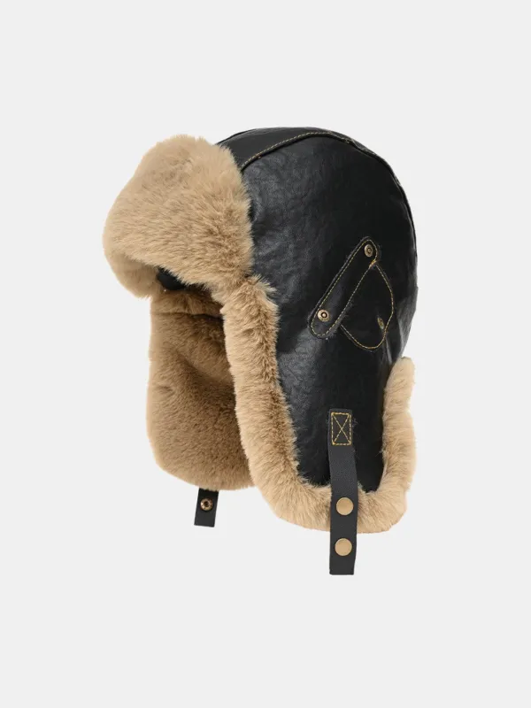 Faux Leather Plush  Aviator Trooper Trapper Hat sold by Hoooyi