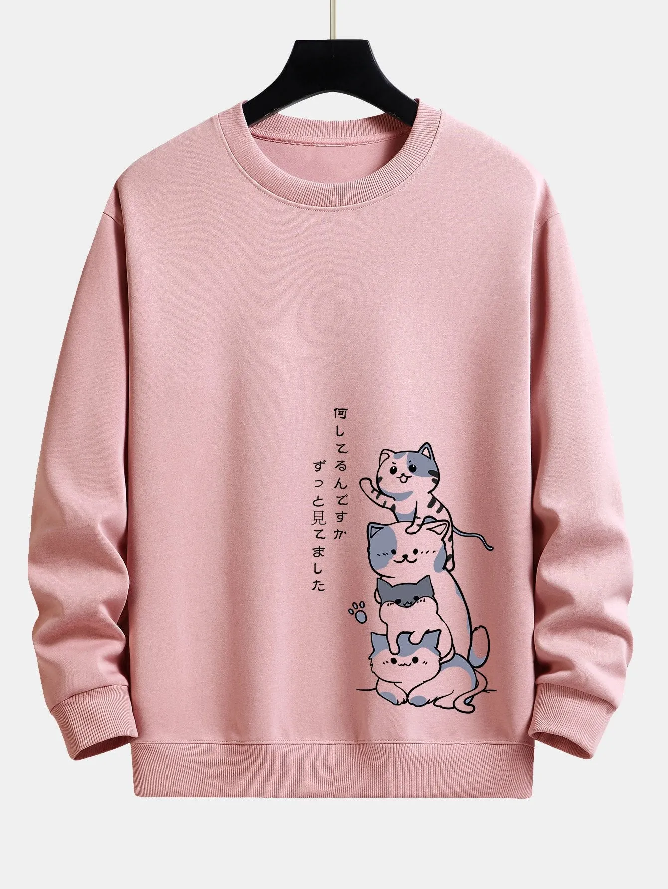Japanese Stacking Cats Print Relax Fit Sweatshirt sold by Hoooyi product image thumbnail 3