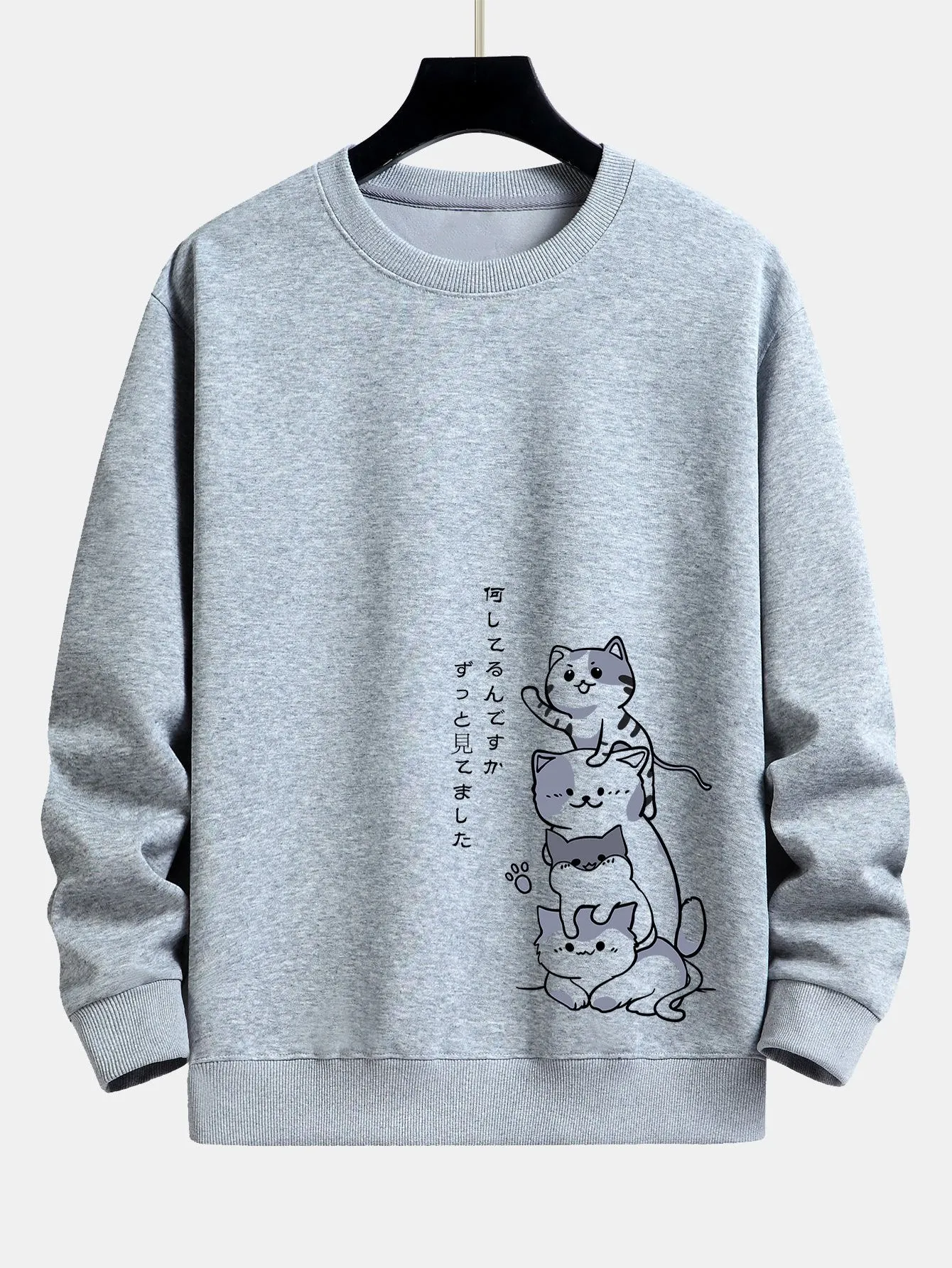 Japanese Stacking Cats Print Relax Fit Sweatshirt sold by Hoooyi product image thumbnail 4