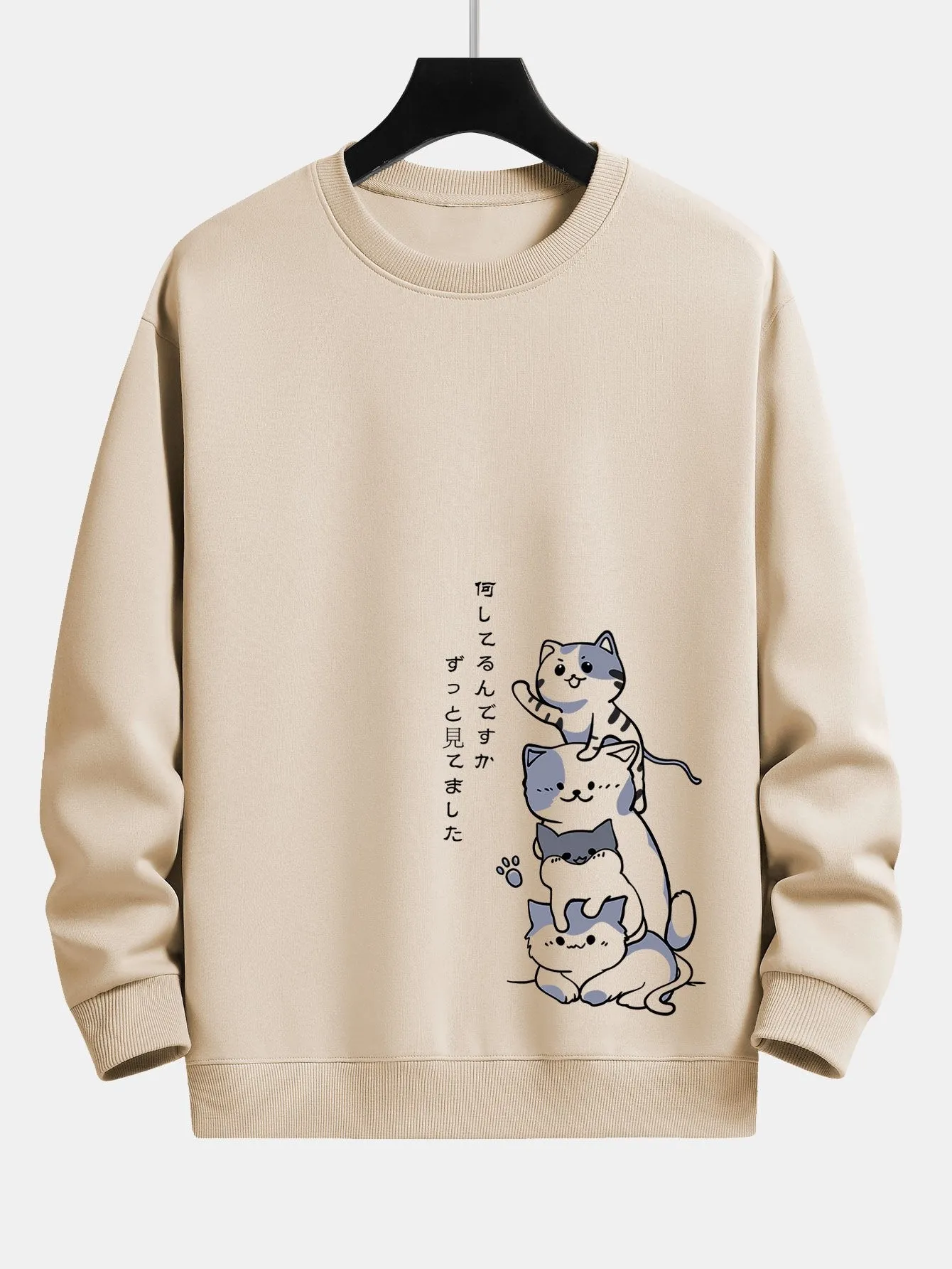 Japanese Stacking Cats Print Relax Fit Sweatshirt sold by Hoooyi product image thumbnail 2