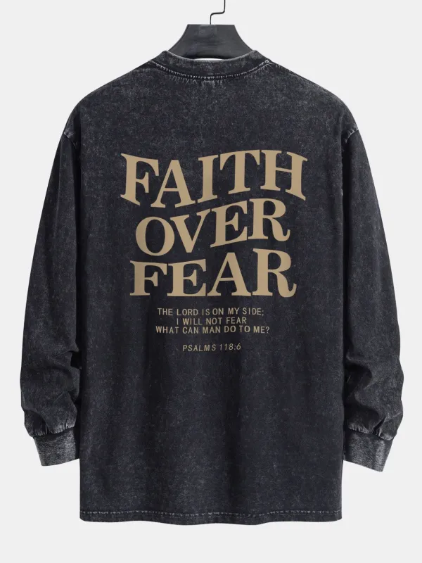 Faith Over Fear Print Relax Fit Long Sleeve Washed Distressed T-Shirt sold by Hoooyi