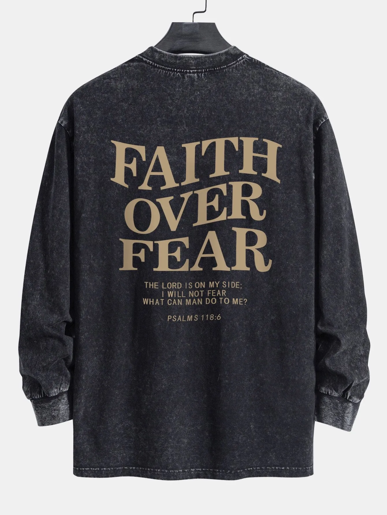 Faith Over Fear Print Relax Fit Long Sleeve Washed Distressed T-Shirt sold by Hoooyi