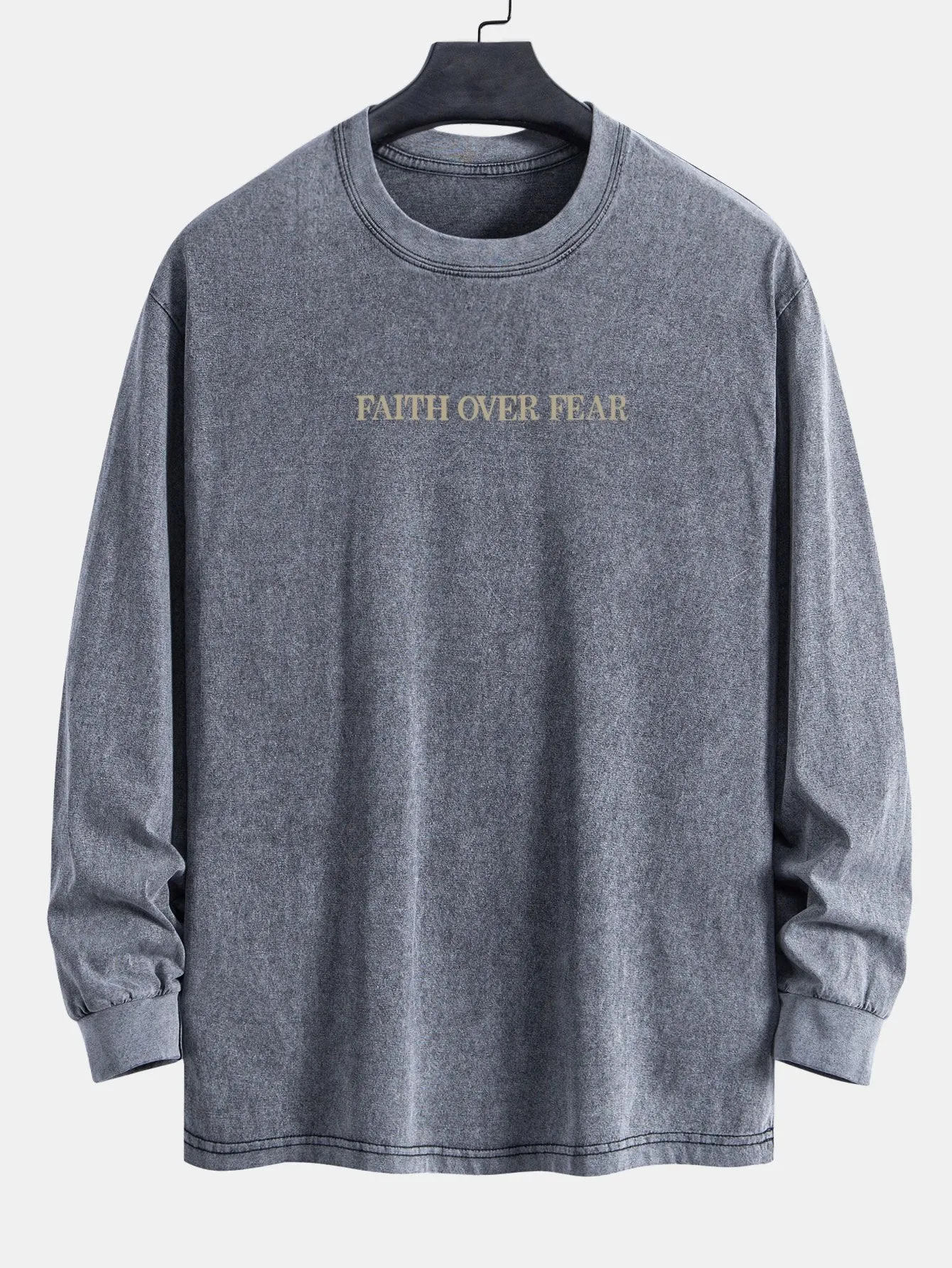 Faith Over Fear Print Relax Fit Long Sleeve Washed Distressed T-Shirt sold by Hoooyi product image thumbnail 4