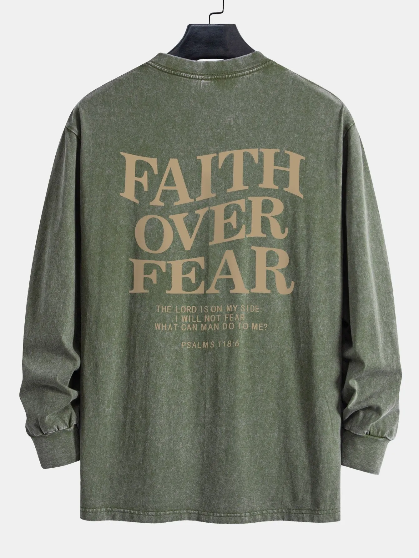 Faith Over Fear Print Relax Fit Long Sleeve Washed Distressed T-Shirt sold by Hoooyi product image thumbnail 5
